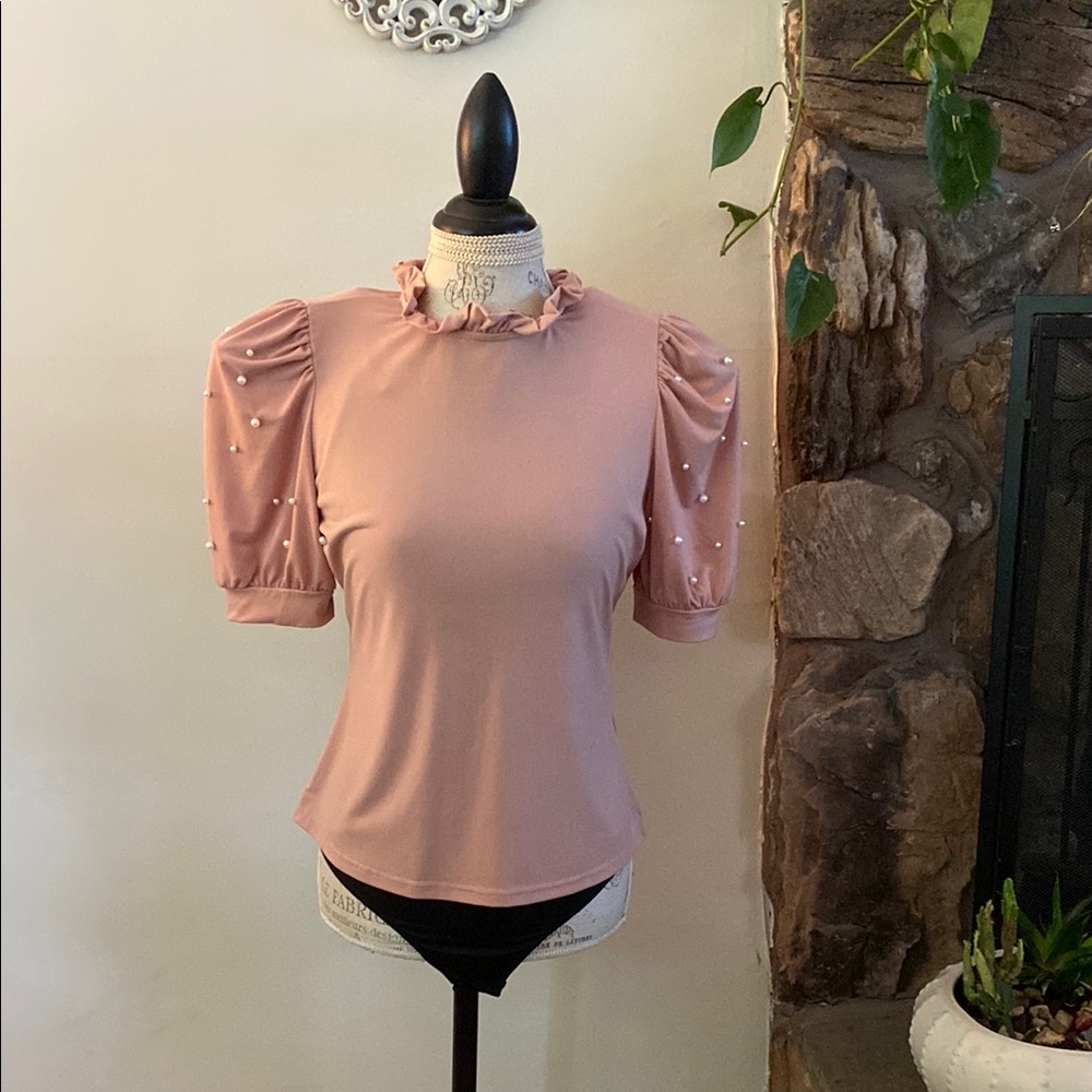 Chic Pink Women's Blouse with Pearl Accents